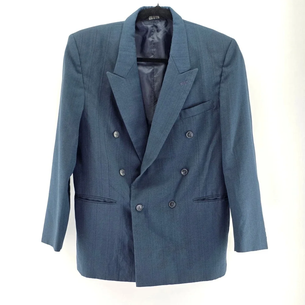 Gino Cappelli Blazer‎ Mens 42 Blue Double Breasted Pinstripe Peak Lapel Jacket
